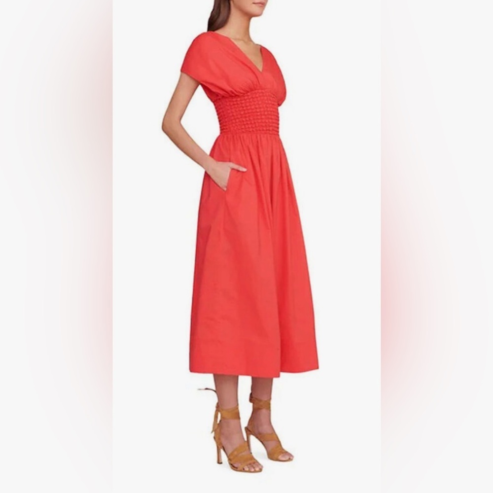 STAUD Jackson Smocked Midi Dress Hibiscus Red NWT S Rare Sold Out Never Tried On - Picture 10 of 10